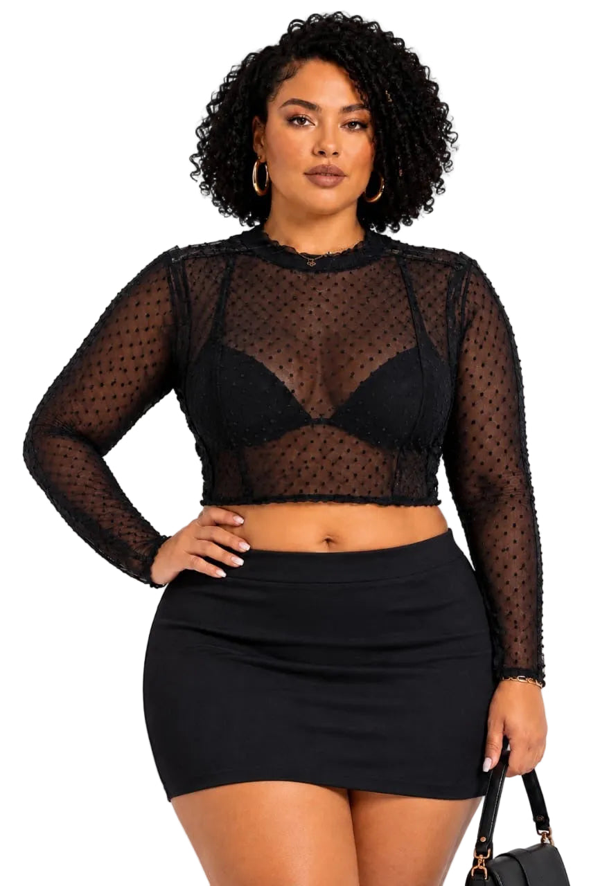 Black Morgan Plus Size Sheer Polka Dot Crop Top