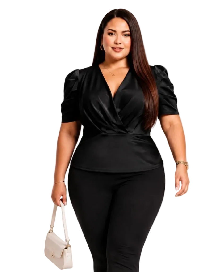 Black Hadley Plus Size Satin Puff Sleeve Peplum Top