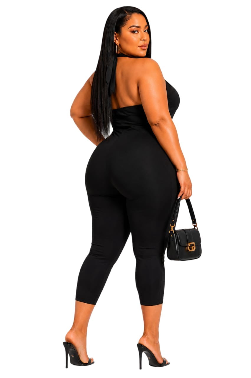 Black Zoey Plus Size Halter Cropped Jumpsuit
