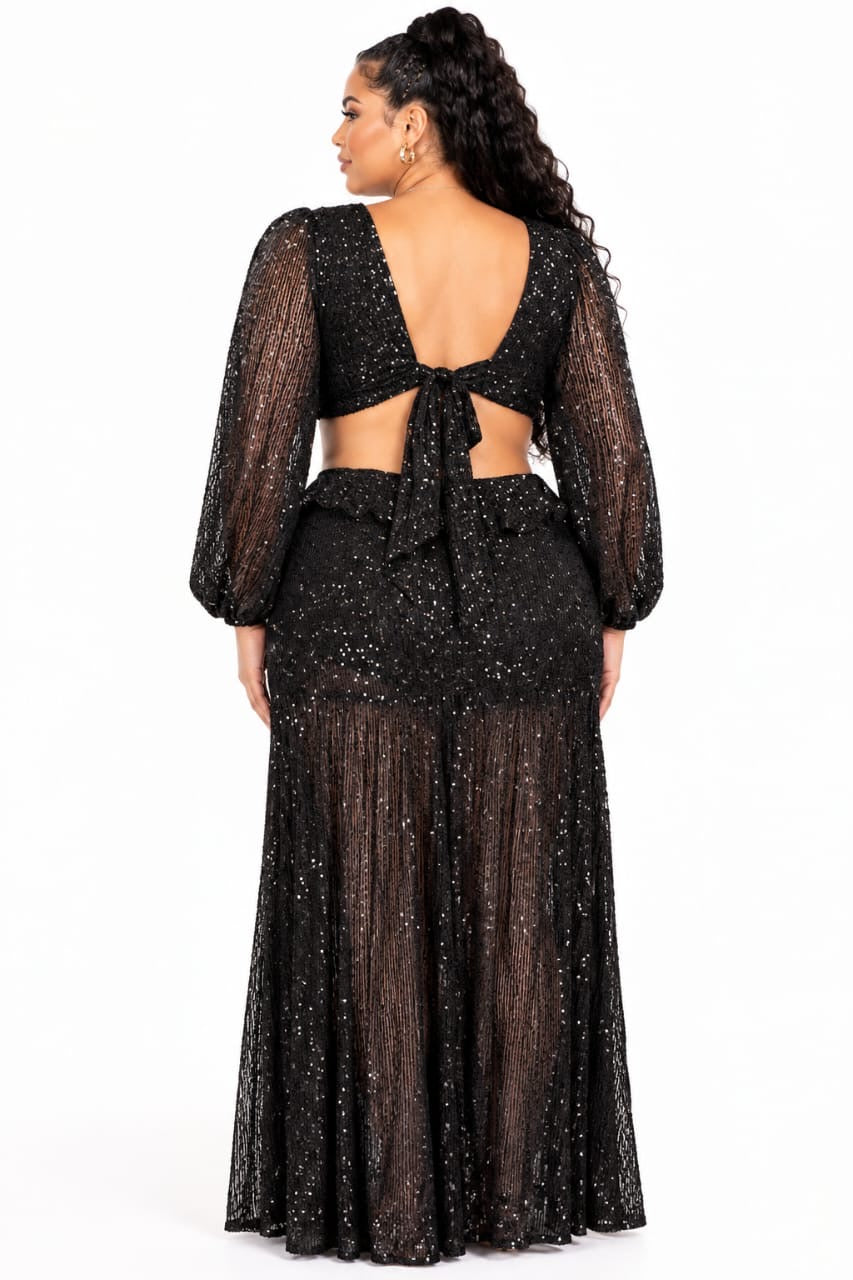 Black Celeste Sequin Ruffle Maxi Dress