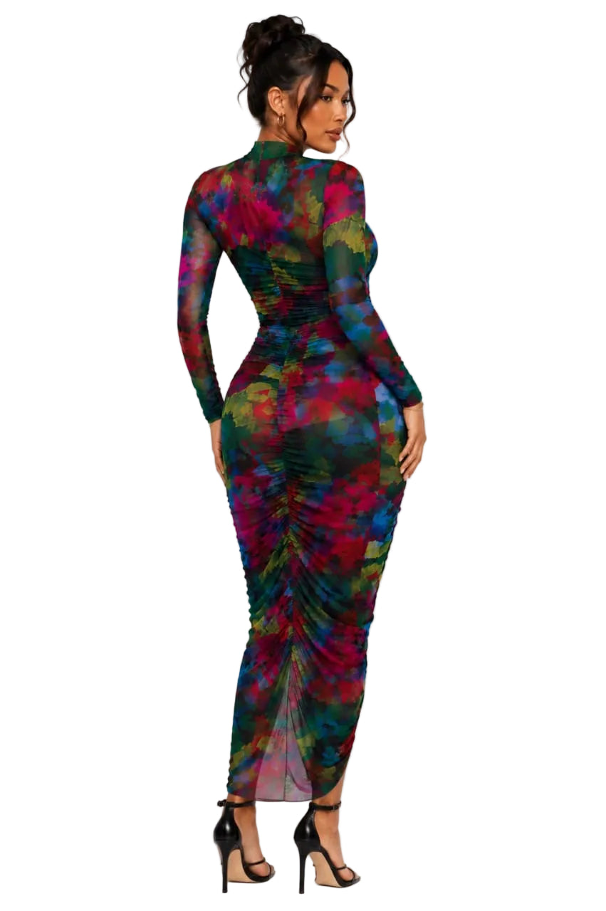 Multicolor Chloe Abstract Mesh Ruched Midi Dress
