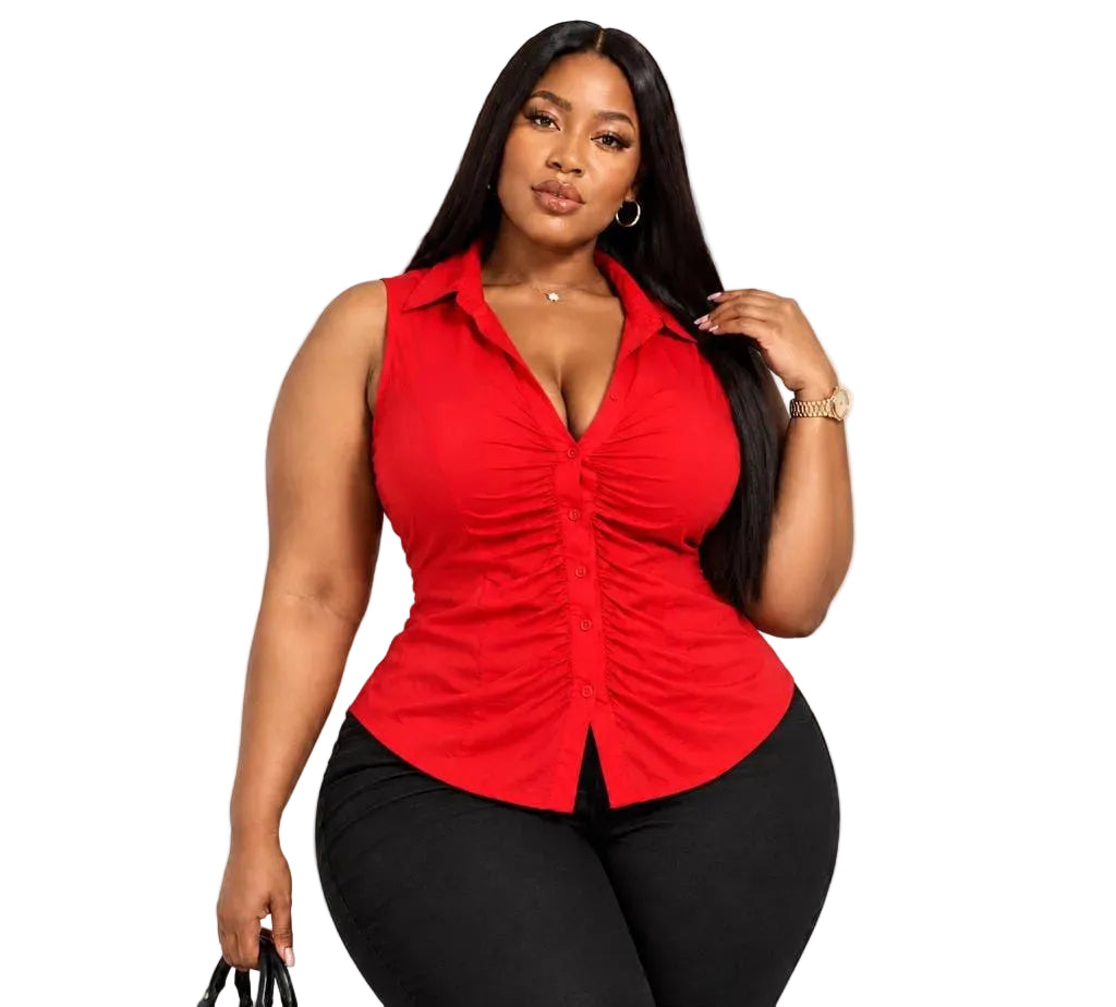 Red Casey Plus Size Ruched Sleeveless Button-Up Top