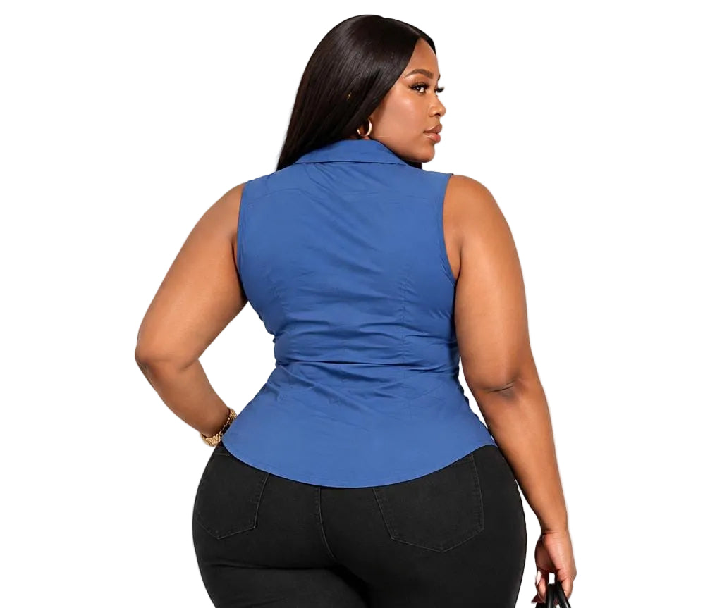 Blue Casey Plus Size Ruched Sleeveless Button-Up Top