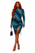 Blue Sadie Abstract Mesh Ruched Midi Dress