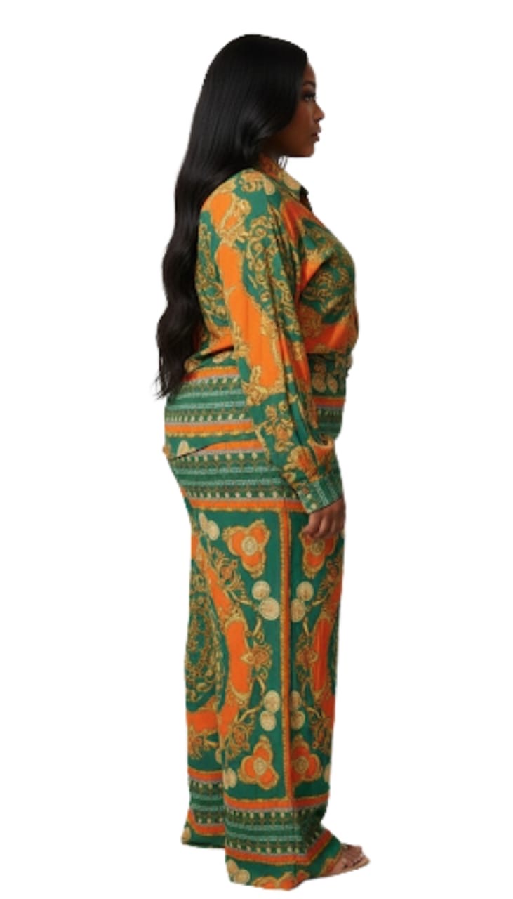 Green Orange Paisley Olivia Plus Size Wide Leg Pajama Set