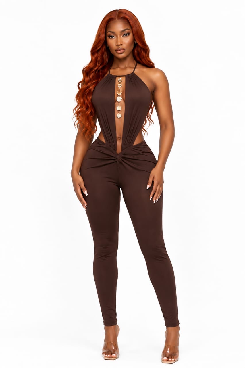Brown Sutton Halter Cutout Jumpsuit