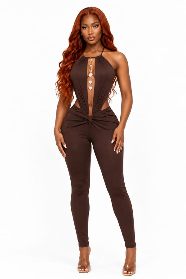 Brown Sutton Halter Cutout Jumpsuit