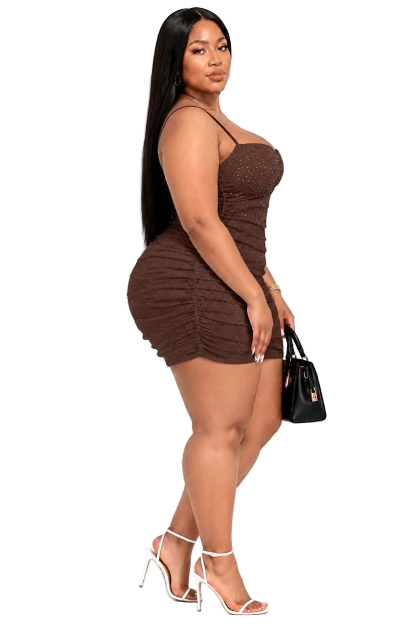 Brown Paige Plus Size Sparkle Ruched Mini Dress
