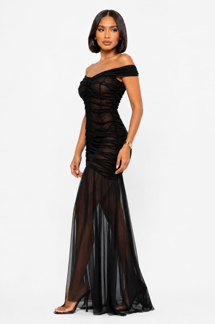Black Riley Sheer Ruched Off-Shoulder Maxi Dress