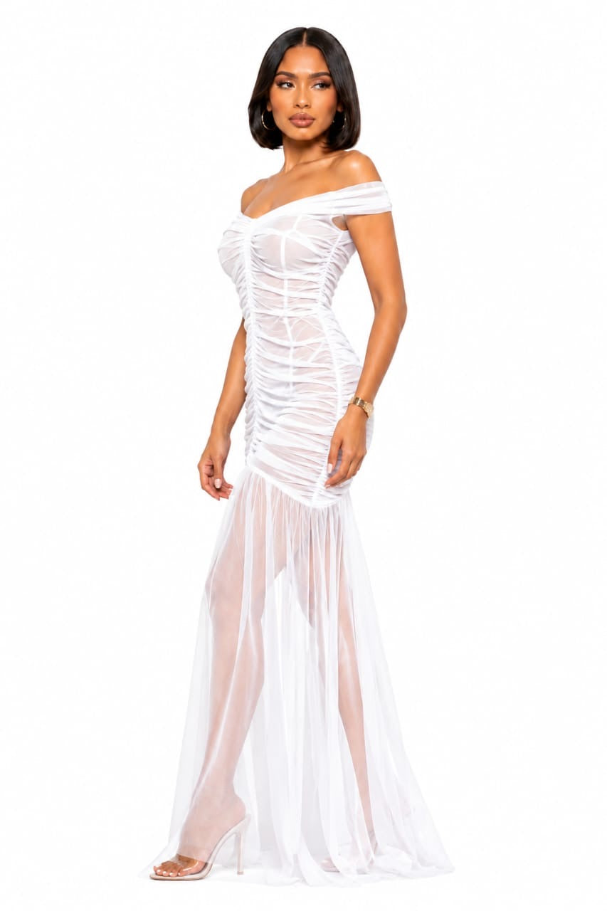 White Riley Sheer Ruched Off-Shoulder Maxi Dress