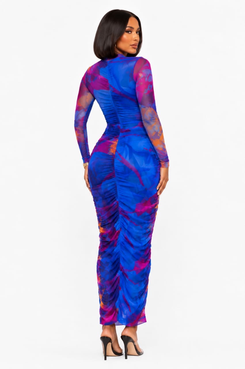 Royal Blue Chloe Abstract Mesh Ruched Midi Dress