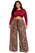 Burgundy Leopard Hazel Plus Size 2-Piece Long Sleeve Crop Top &amp; Wide Leg Pants Set
