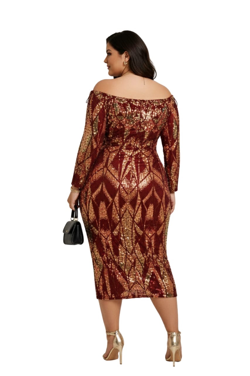 Burgundy Gold Sequin Aurora Plus Size Off-Shoulder Midi Dress