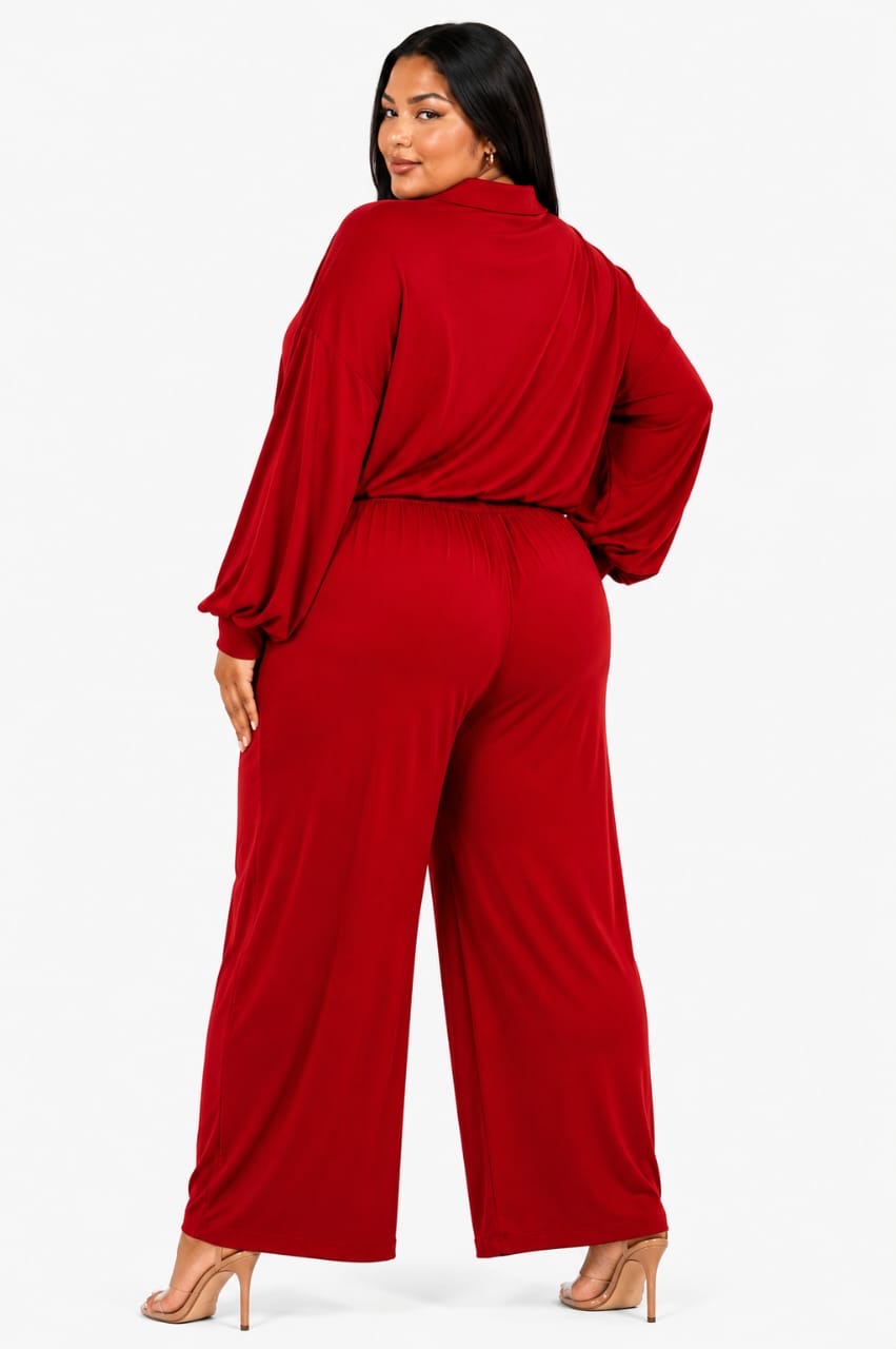 Red Aria Button-Up Top &amp; Wide-Leg Pants Set
