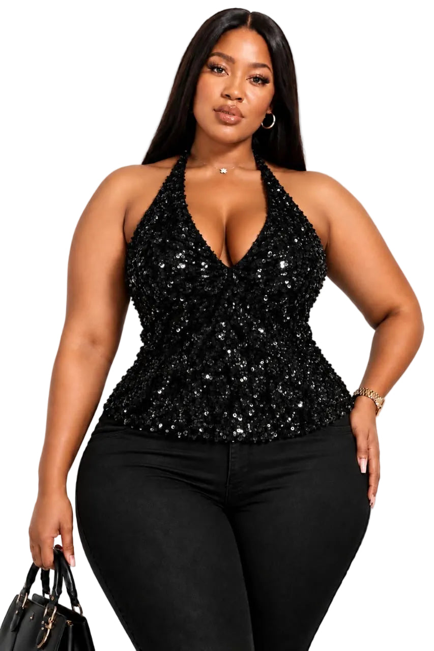 Black Violet Plus Size Sequin Halter Top
