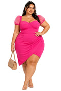 Hot Pink Mira Plus Size Mesh Puff Sleeve Corset Mini Dress