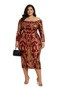 Burgundy Gold Sequin Aurora Plus Size Off-Shoulder Midi Dress