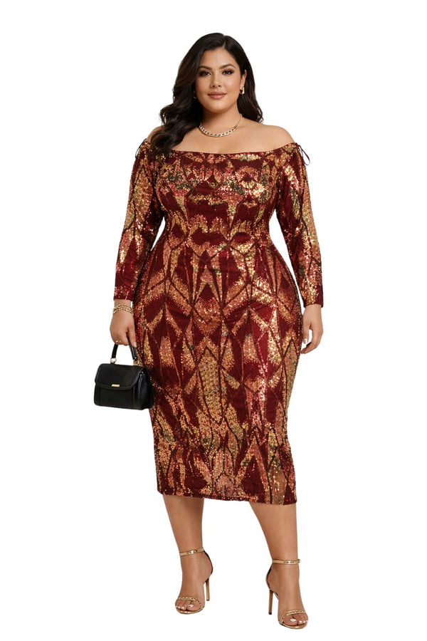 Burgundy Gold Sequin Aurora Plus Size Off-Shoulder Midi Dress