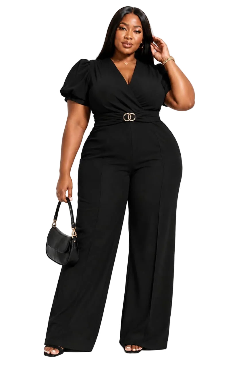 Black Ivy Plus Size Puff Sleeve Wide-Leg Jumpsuit