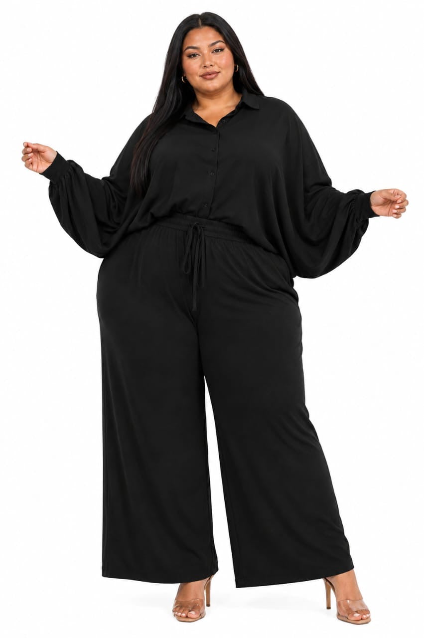 Black Aria Button-Up Top &amp; Wide-Leg Pants Set