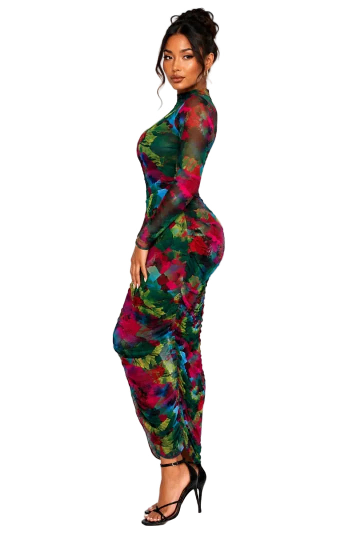 Multicolor Chloe Abstract Mesh Ruched Midi Dress