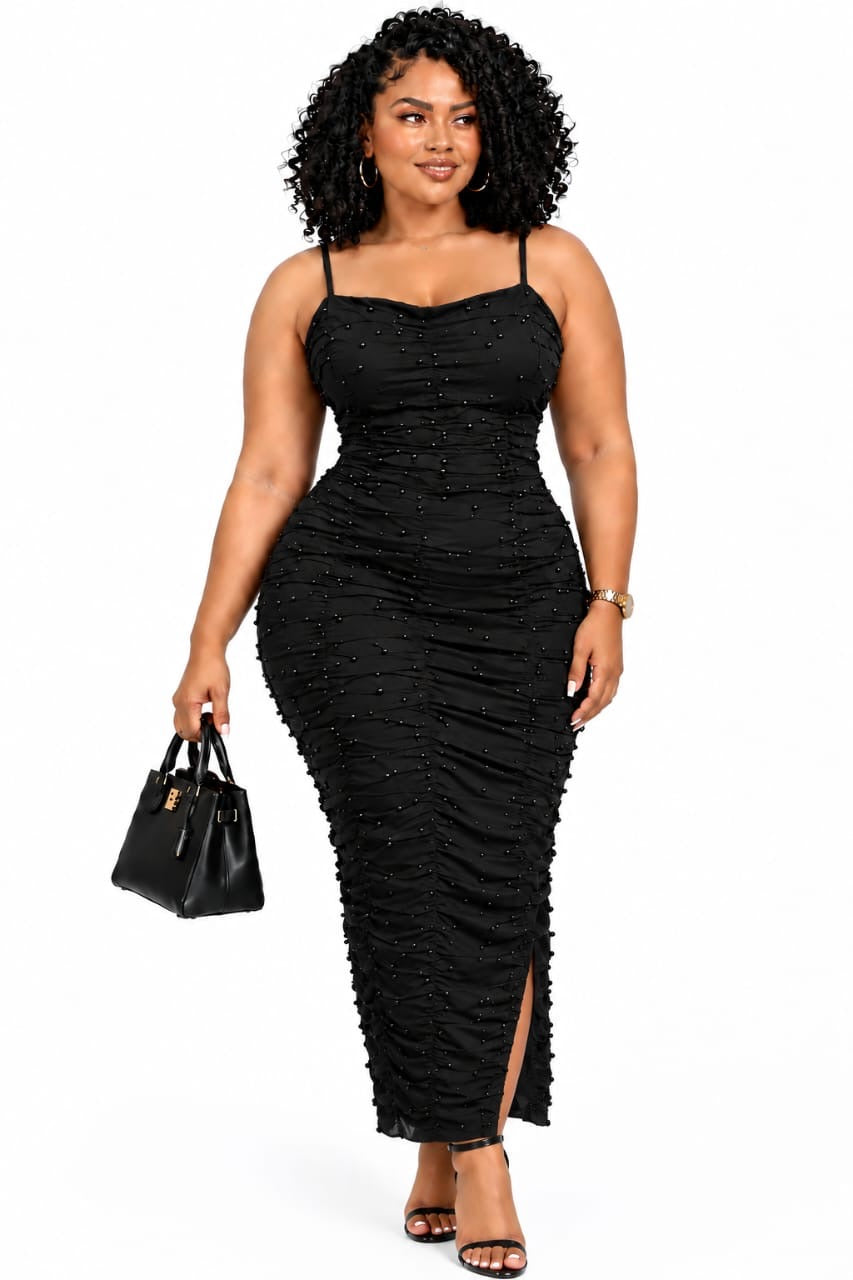 Black Lana Beaded Ruched Midi Dress