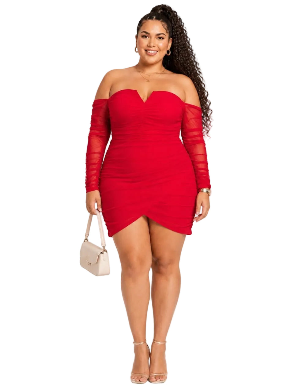Red Elena Plus Size Mesh Ruched Mini Dress