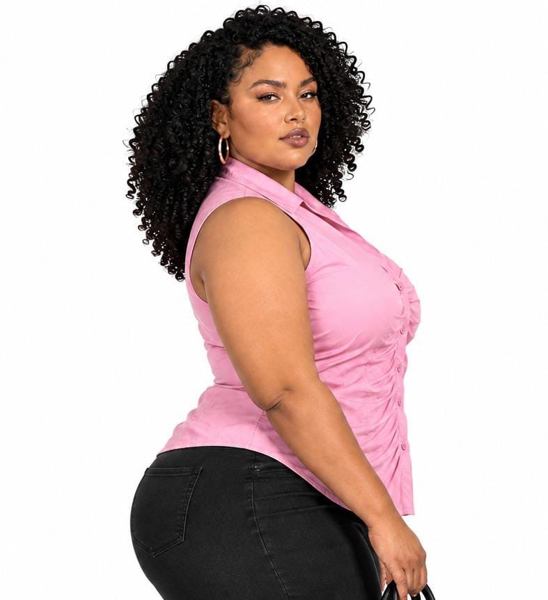 Pink Casey Plus Size Ruched Sleeveless Button-Up Top