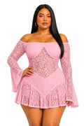 Pink Lace Off-Shoulder Brielle Plus Size Mini Dress
