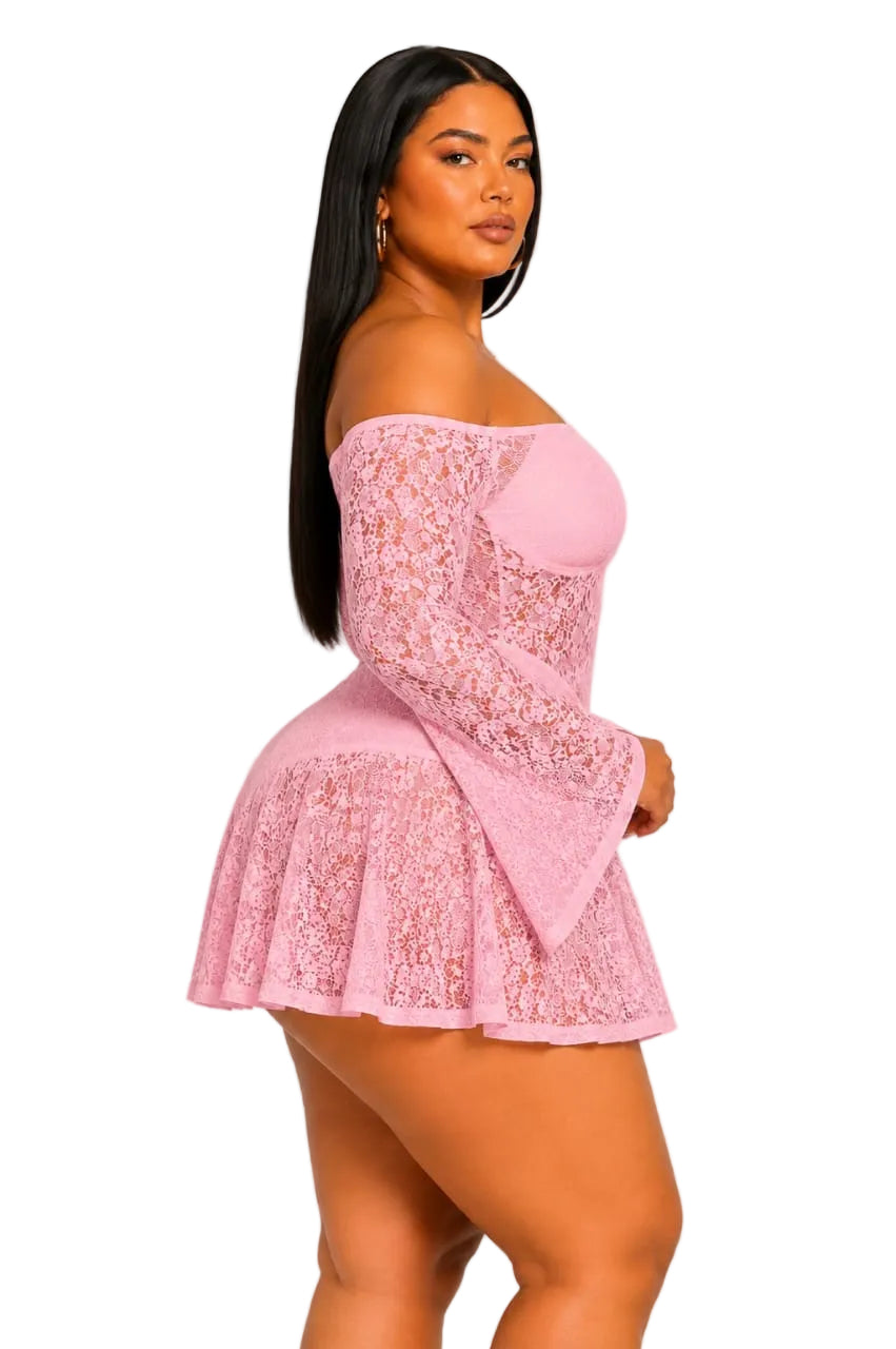 Pink Lace Off-Shoulder Brielle Plus Size Mini Dress