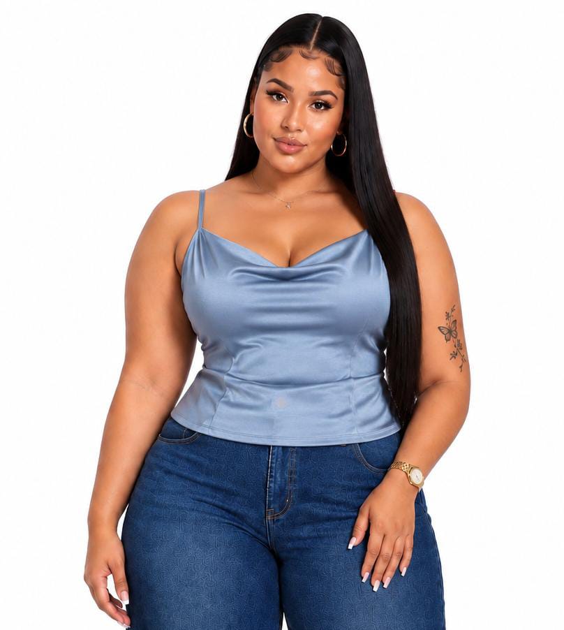 Blue Kendall Plus Size Satin Cowl Neck Top
