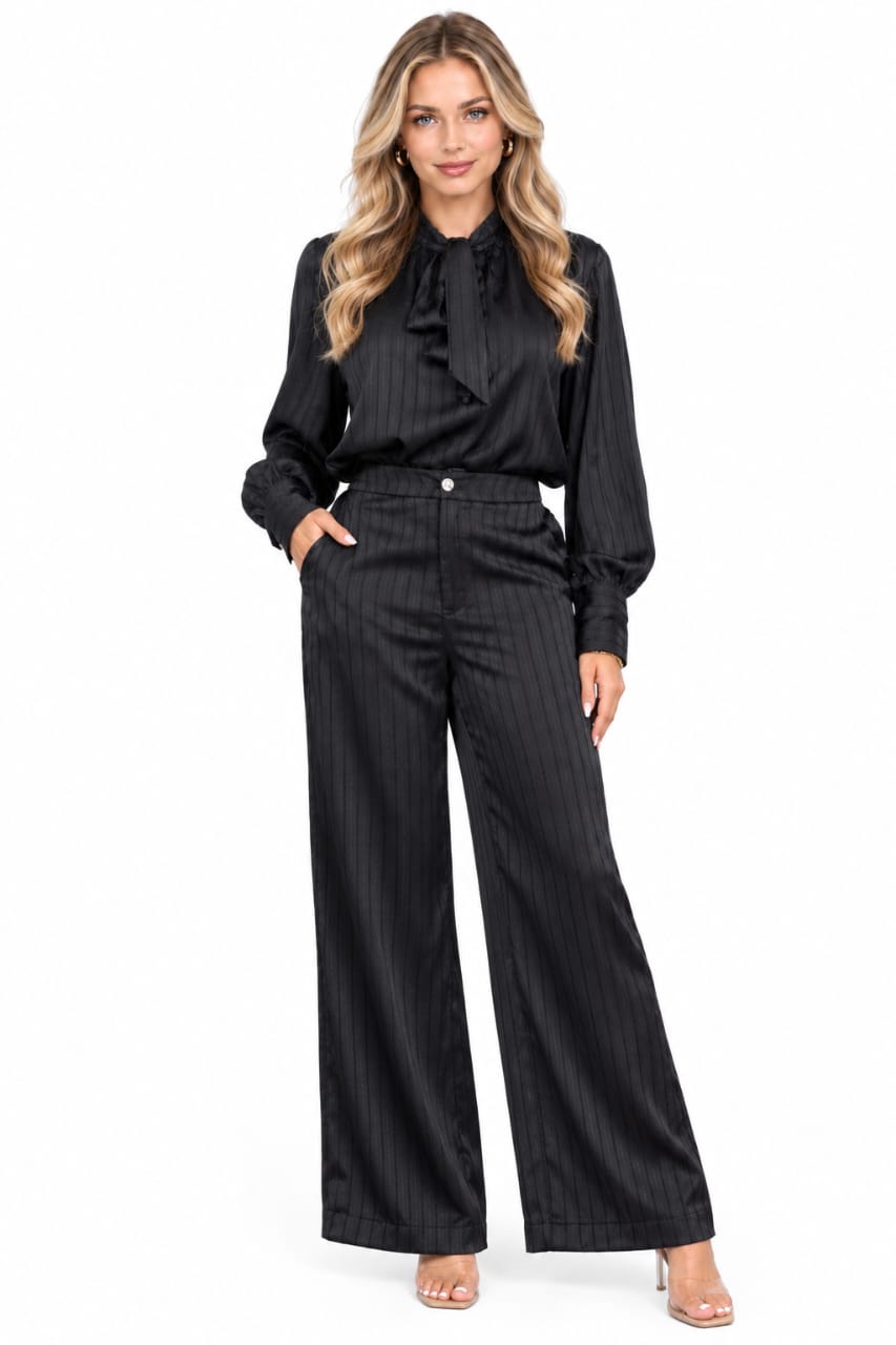 Black Quinn Bow Tie Blouse & Wide-Leg Pants 2 Piece Set