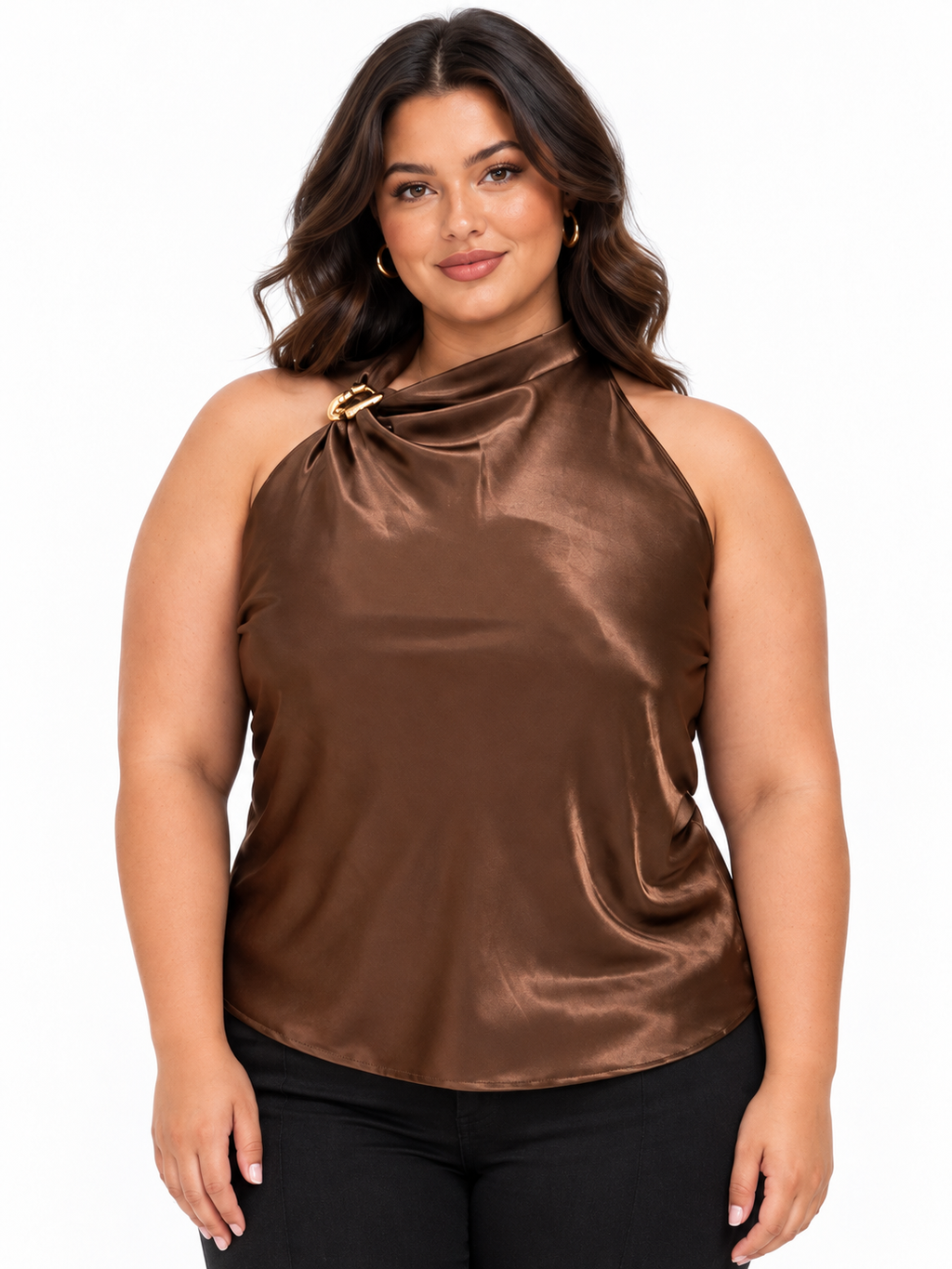 Brown Satin Becca plus size Halter Top