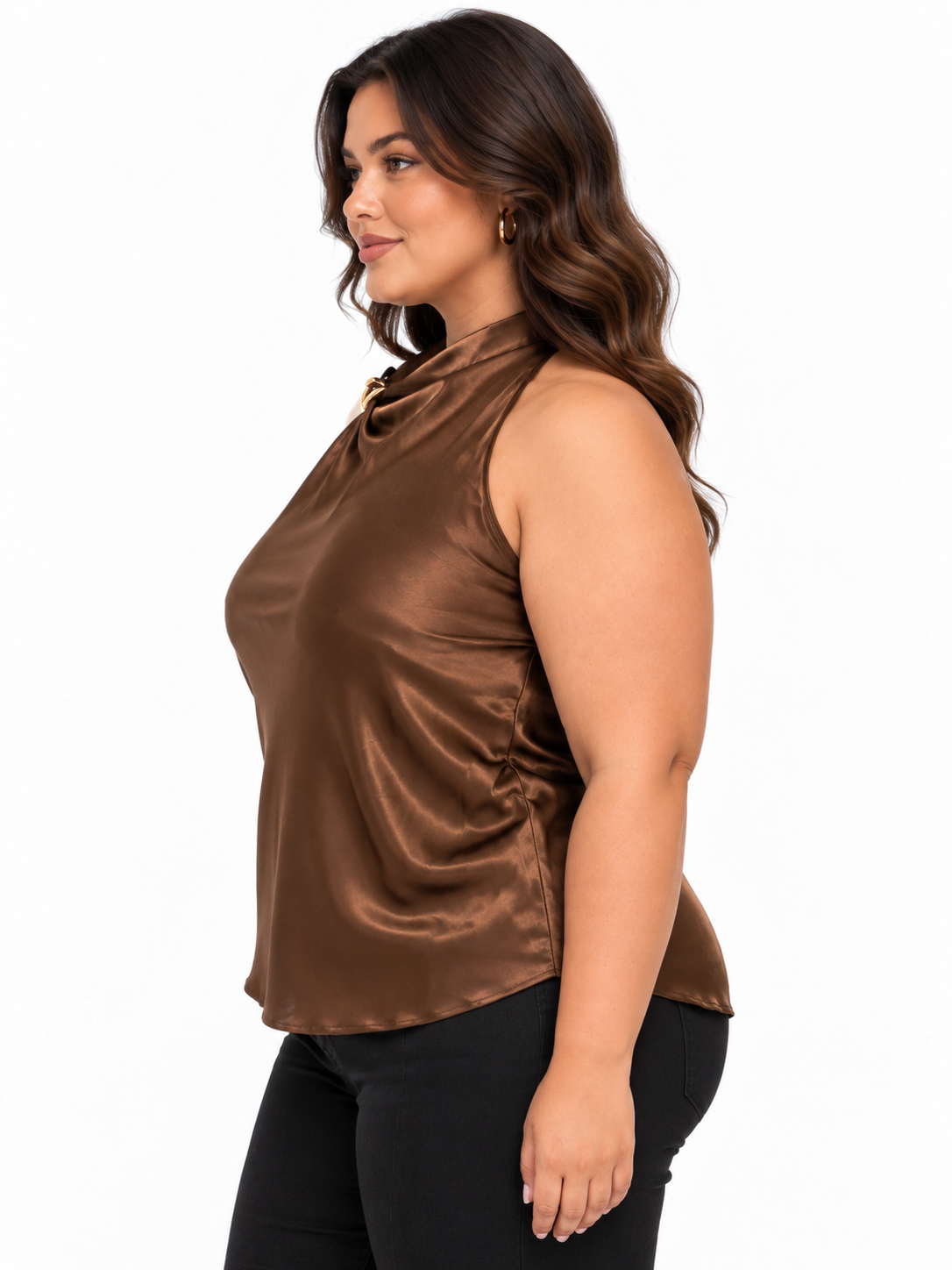 Brown Satin Becca plus size Halter Top