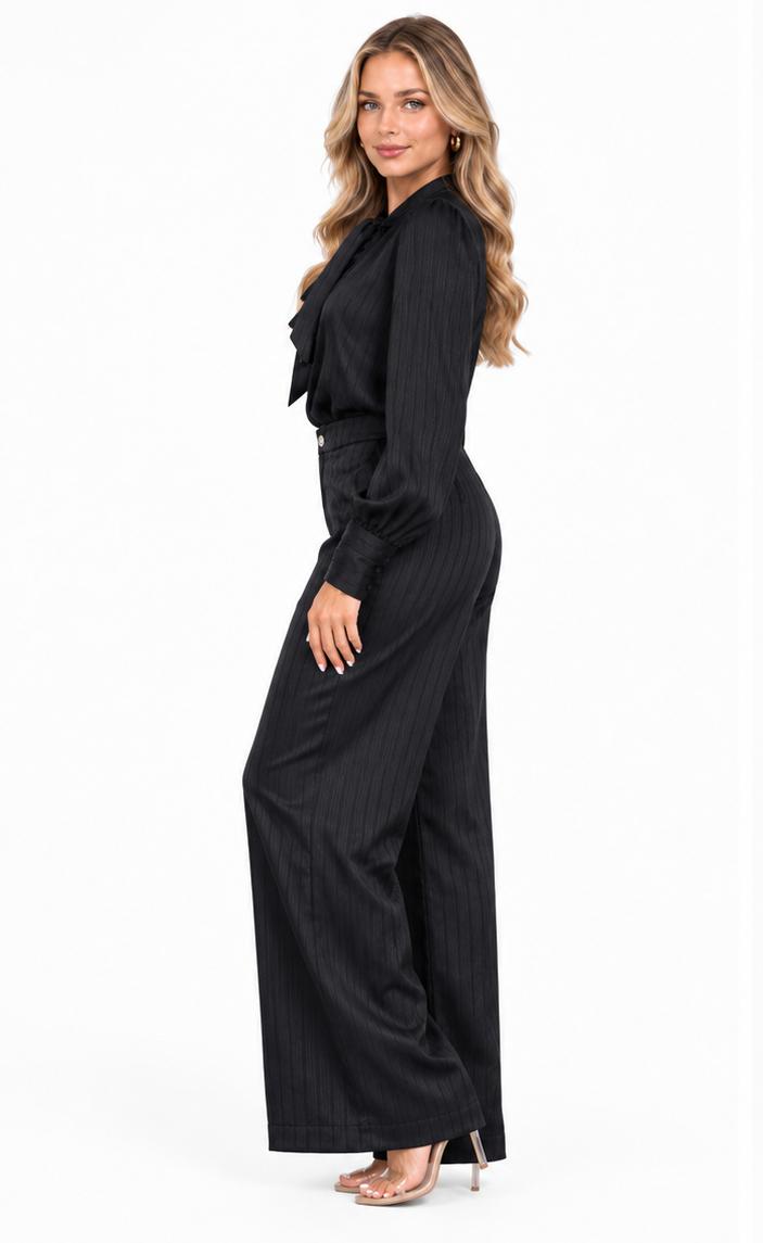 Black Quinn Bow Tie Blouse & Wide-Leg Pants 2 Piece Set