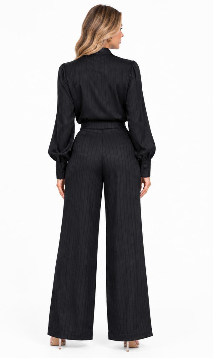 Black Quinn Bow Tie Blouse & Wide-Leg Pants 2 Piece Set
