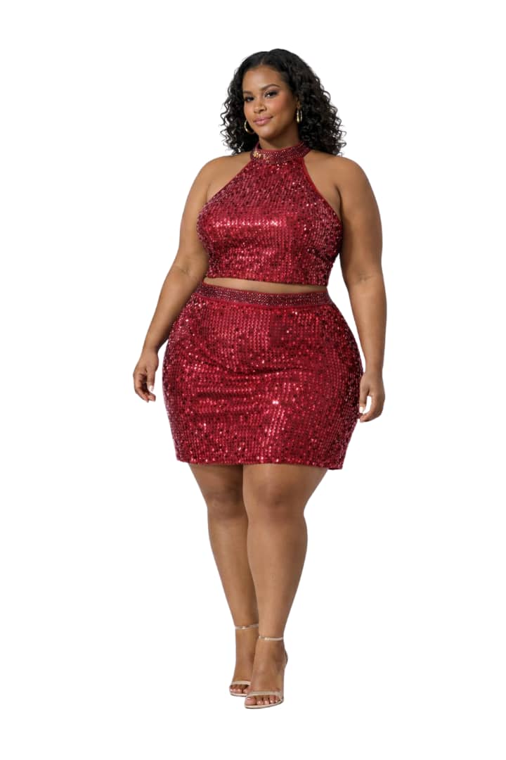 Vera Vogue Red Sequin Plus Size Halter Skirt Set