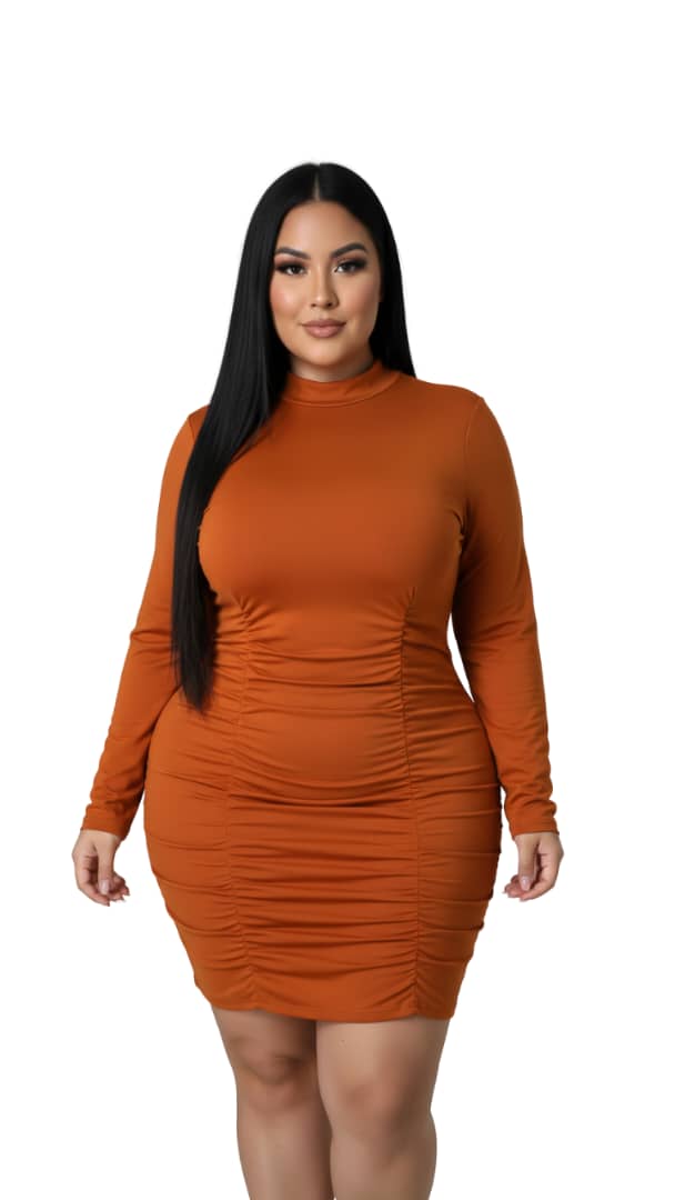 Rust Lena Long Sleeve Ruched Dress