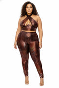 Bronze Metallic Kira Plus Size Halter Crop Top and Leggings Set
