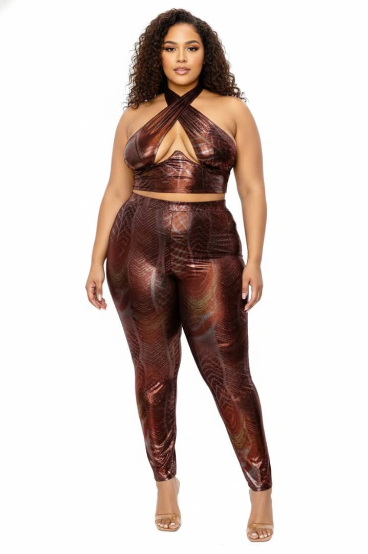 Bronze Metallic Kira Plus Size Halter Crop Top and Leggings Set