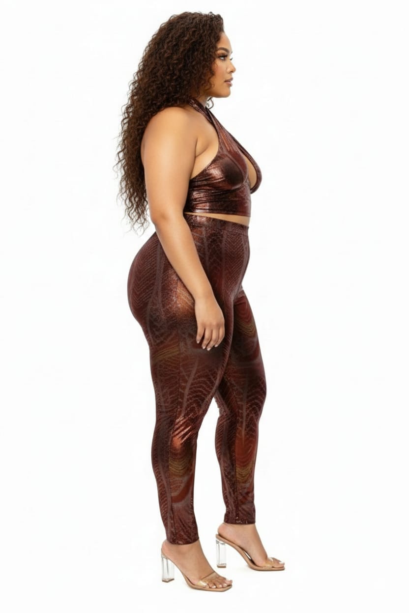 Bronze Metallic Kira Plus Size Halter Crop Top and Leggings Set