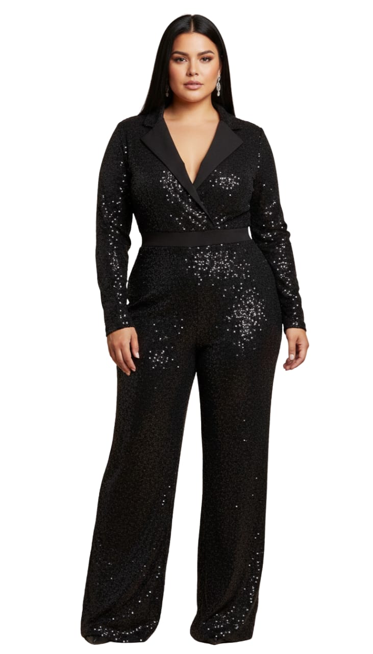 Black Sequin Harper Plus Size Wrap Jumpsuit