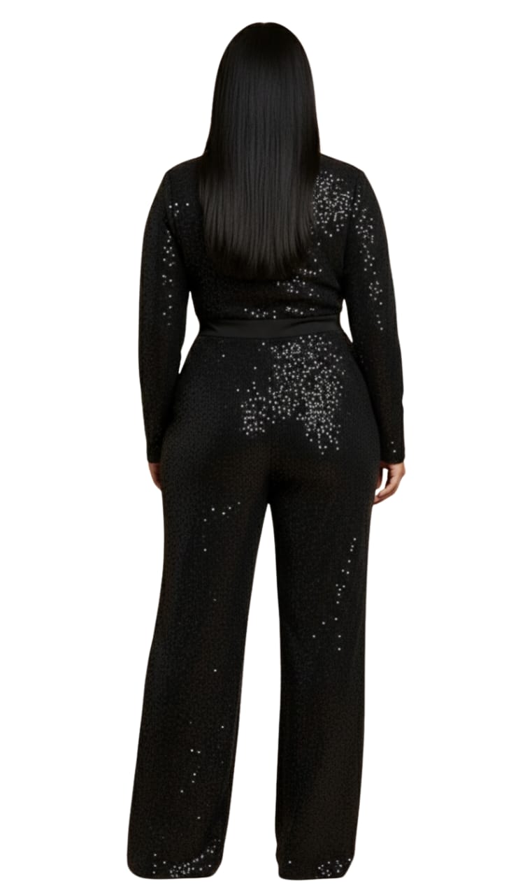 Black Sequin Harper Plus Size Wrap Jumpsuit
