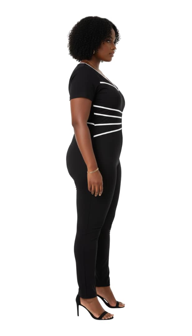 Black White Stripe Natalie Plus Size Zip-Front Jumpsuit