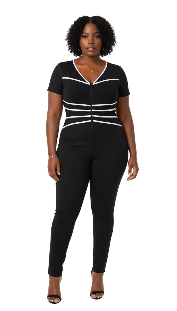 Black White Stripe Natalie Plus Size Zip-Front Jumpsuit