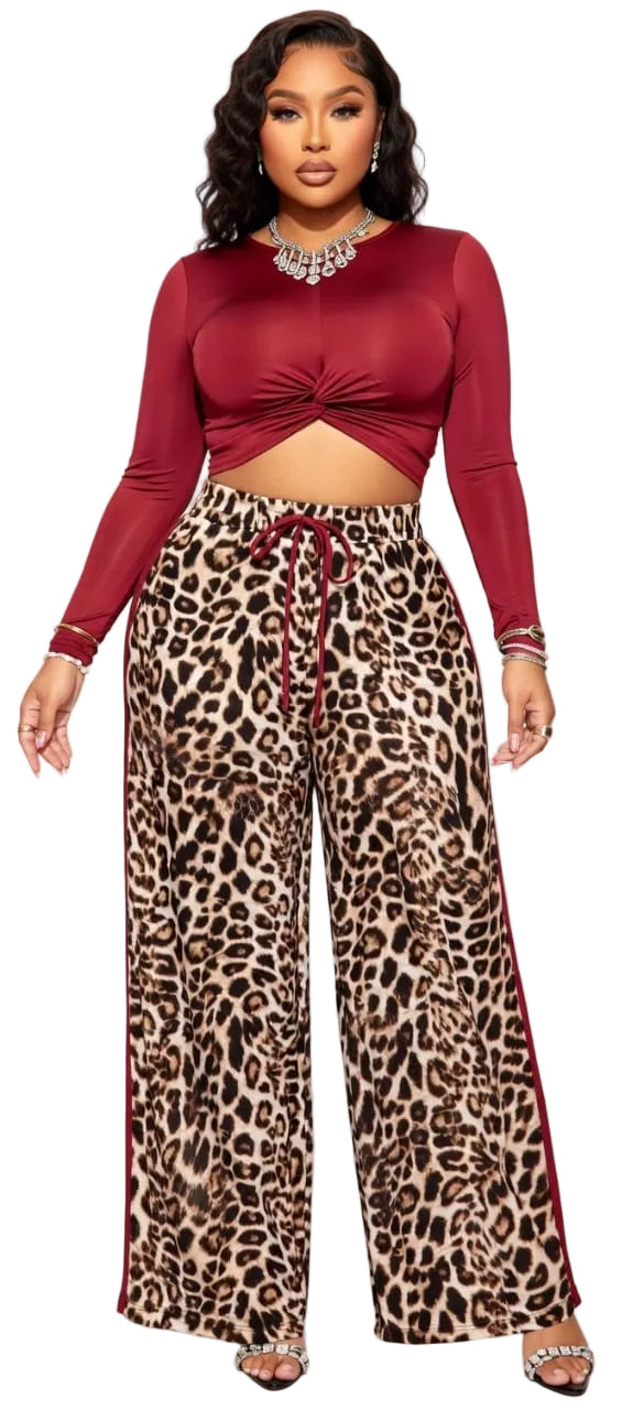 Burgundy Leopard Hazel Plus Size 2-Piece Long Sleeve Crop Top &amp; Wide Leg Pants Set