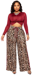 Burgundy Leopard Hazel Plus Size 2-Piece Long Sleeve Crop Top &amp; Wide Leg Pants Set