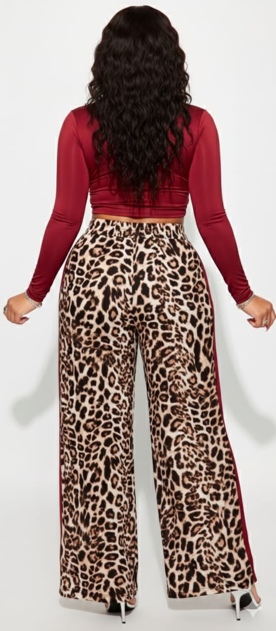 Burgundy Leopard Hazel Plus Size 2-Piece Long Sleeve Crop Top &amp; Wide Leg Pants Set