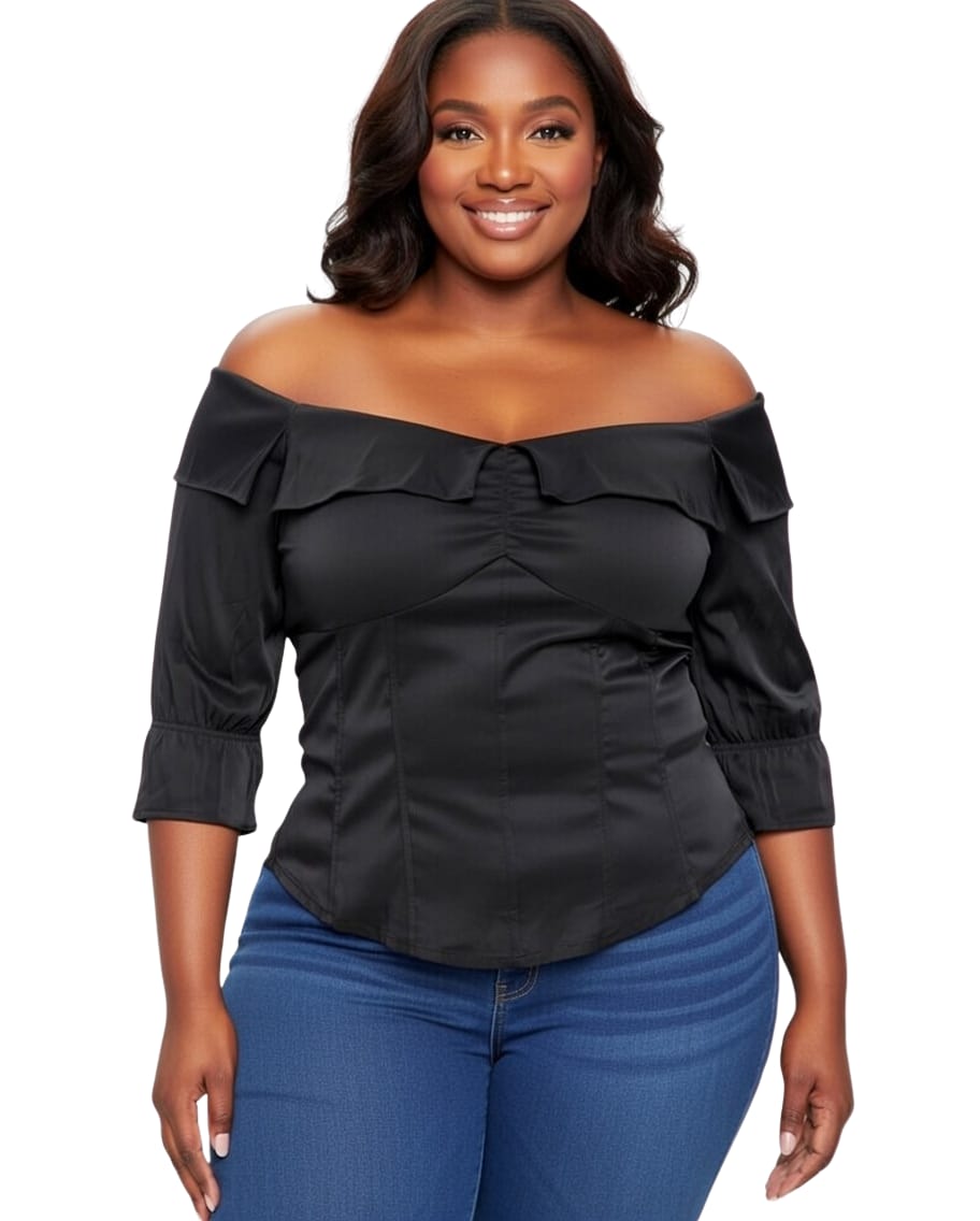 Black Satin Ella Plus Size Off-Shoulder Corset Top