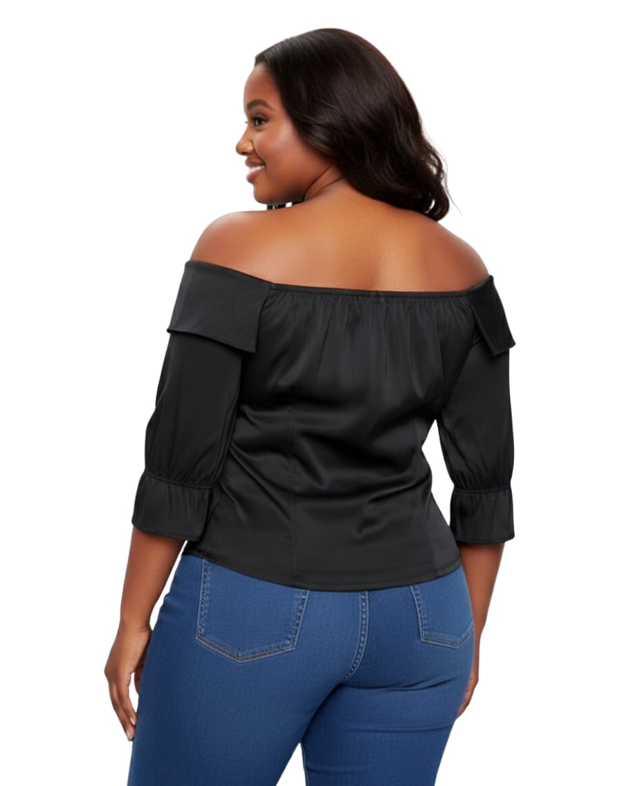 Black Satin Ella Plus Size Off-Shoulder Corset Top